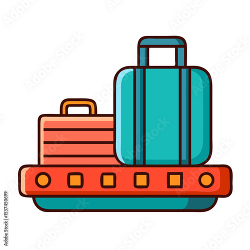 Airport baggage claim carousel with luggage. Two suitcases on baggage carousel rotating slowly.  Bright luggage on conveyor belt for travel website, app, or infographic.