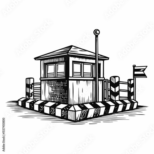 Border crossing checkpoint illustration. Detailed guard booth design with wood structure and striped barrier. Checkpoint graphic for travel brochures, maps, or immigration publications.