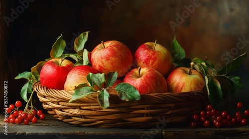 Fresh Apples in a Woven Basket With Leaves and Red Berries on a Rustic Wooden...