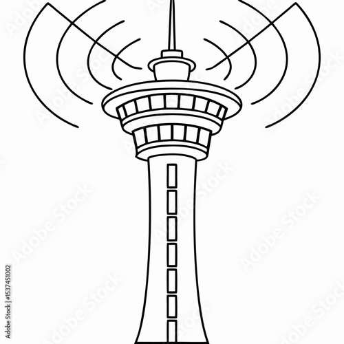 Air traffic control tower with radar waves. Modern airport control tower emitting radar signals.  Air traffic control tower image perfect for aviation industry websites and publications.