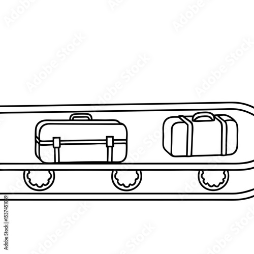 Airport baggage claim conveyor belt with suitcases.  Modern airport luggage system with rolling suitcases on conveyor belt.  Efficient baggage handling system for seamless travel experience.