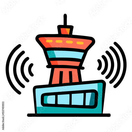Air traffic control tower with radar waves. Illustration shows modern air traffic control tower emitting radar signals.  Concept illustration for aviation industry websites, airport brochures,