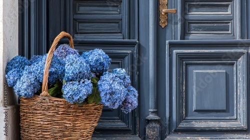 Vibrant Blue Hydrangeas in a Woven Basket at a Charming Entryway on a Sunny A...