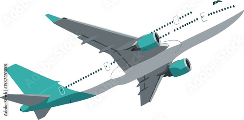 Commercial airplane flying in clear sky with teal accents vector illustration 