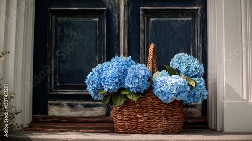 Vibrant Blue Hydrangeas in a Woven Basket Against a Rustic Door at a Charming...