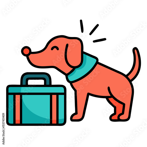 Customs dog sniffing luggage at airport. Canine detection unit officer's dog investigates suspicious suitcase.  Dog sniffing luggage for contraband. Illustration ideal for security training materials.
