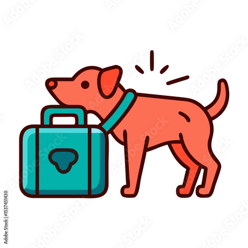 Customs dog sniffing luggage for prohibited substances. Canine officer inspecting suitcase at airport.  Dog detection service ensures safe travel. This illustration is perfect for travel blogs,
