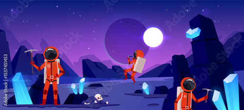 Space planet exploration, expedition research cosmic alien landscape, vector desert surface with rocks and crystals