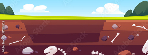 Dinosaur scull and bones old in the ground, archeologic fossil dig, vector flat ancient rock incision with old artifacts