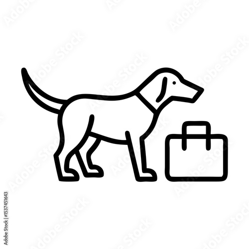 Customs dog inspecting luggage. Canine officer sniffs suitcase during security check.  Trained detection dog performs luggage inspection for prohibited substances.