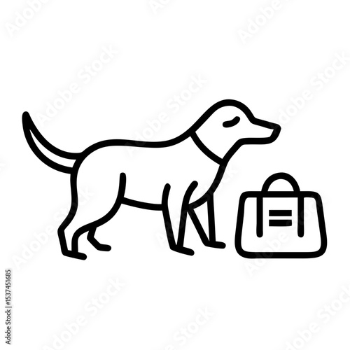 Customs dog sniffing luggage for contraband. Canine sniffer detects prohibited items in suitcase.  Airport security image for travel safety and customs control.