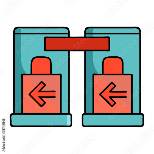 Schengen zone entry and exit gates.  Passport control checkpoints with arrows indicating direction of pedestrian traffic.  Modern airport or border crossing design for informational graphics,