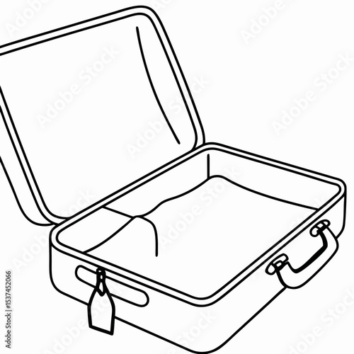 Opened suitcase with inspection tag. Empty travel luggage ready for packing. Suitcase with blank tag for identification. Opened suitcase concept for travel planning and organization.