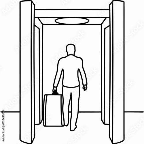 Passenger going through airport security checkpoint with luggage. Person walks through metal detector at airport.  Traveler passes through security screening for air travel.