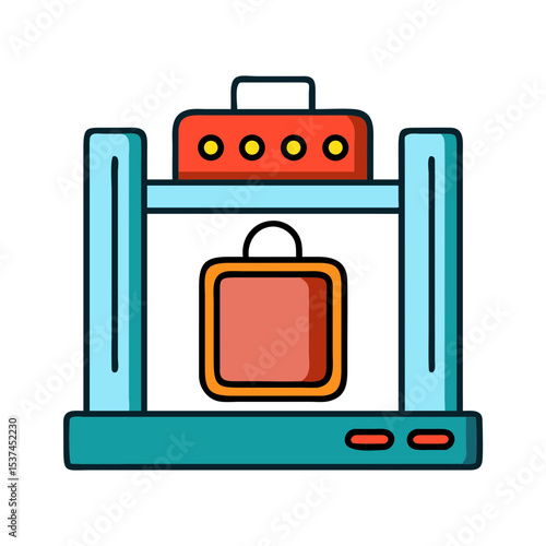 Suitcase on airport security scanner.  Baggage screening process at airport security checkpoint.  X-ray scan of luggage for safety and security.  This image is perfect for travel blogs,