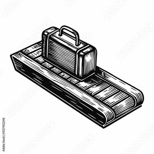 Suitcase on airport security conveyor belt. Baggage screening process shown on vintage style illustration.  Suitcase inspection at airport security checkpoint.