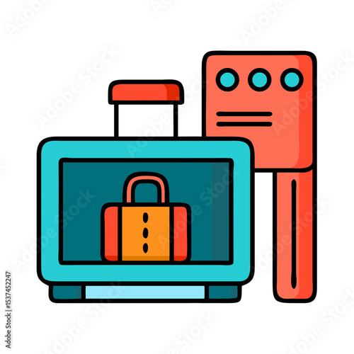 Suitcase on airport security scanner. Baggage inspection process at airport security checkpoint.  Illustration of suitcase undergoing security scan for travel safety.