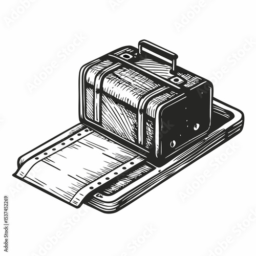 Vintage suitcase film scanner processing old photos. Suitcase style film scanner for developing old film negatives.  Professional film developing equipment for nostalgic photography projects.