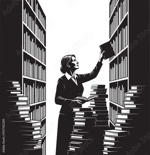 Woman Librarian Selecting Bookshelves Stacks Library Black White