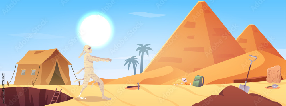 Cartoon resurrected mummy on desert landscape, tent and archeology digging equipment. Vector flat illustration Archeology excavation in wild African or Egypt nature Cartoon resurrected mummy on desert landscape, tent and archeology digging equipment. Vector flat illustration Archeology excavation in wild African or Egypt nature