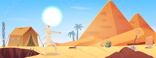 Cartoon resurrected mummy on desert landscape, tent and archeology digging equipment. Vector flat illustration Archeology excavation in wild African or Egypt nature