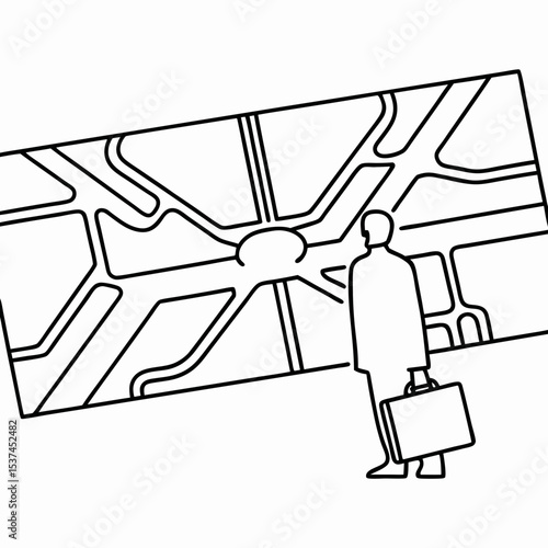 Traveler studying airport map for travel directions. Businessperson using large airport map to plan route.  Airport map navigation for efficient travel planning.