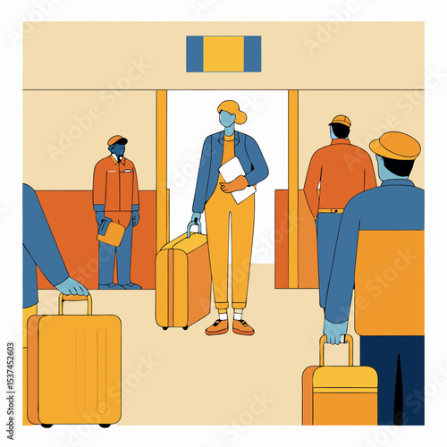 Traveler with luggage at customs. Person waits in line at airport immigration control with suitcases. Traveler awaits passport control.  Image for travel agencies or blogs about international travel.