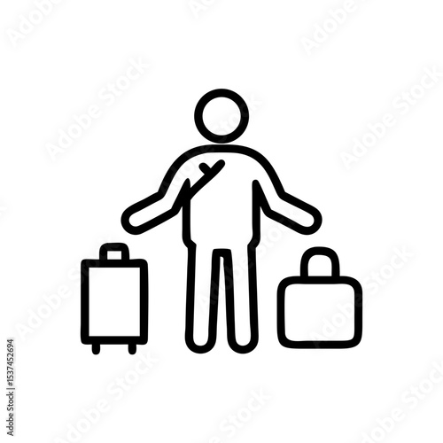 Traveler with luggage at airport customs. Person waits for baggage check.  Passenger with suitcases at security checkpoint. This image is perfect for travel blogs, travel agencies websites,