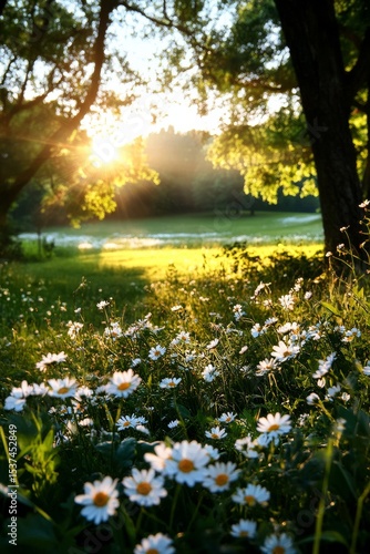 Bright Sunset Over a Serene Meadow With Blooming Flowers in a Peaceful Countr...