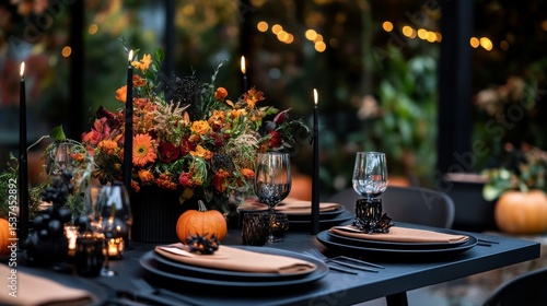 Festive Autumn Dining Table Set With Elegant Decor and Seasonal Flowers in an...