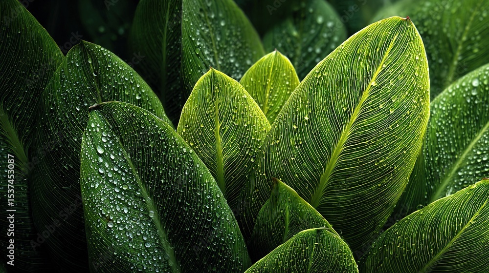 Obraz premium A close-up of a green plant with droplets of water on its leaves, with the leaves prominently displayed in the foreground