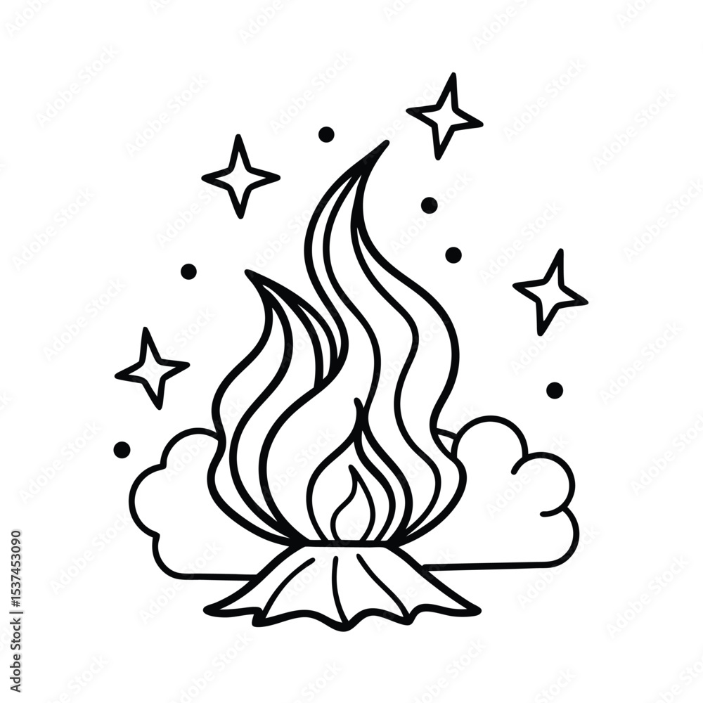 Obraz premium Beach bonfire with smoke rising under stars in the night sky on white background Line art