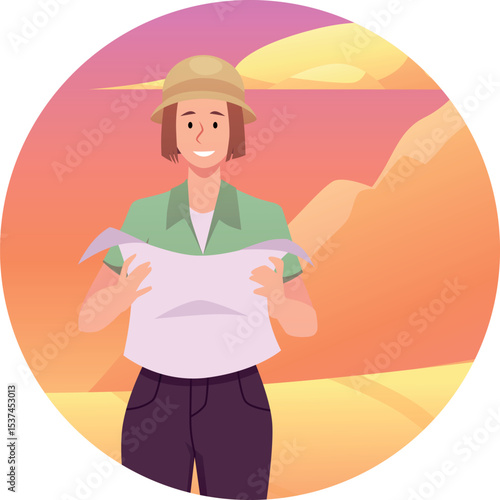 Archaeologist, paleontologist woman wear hat holding map, desert landscape with sand dunes vector flat illustration