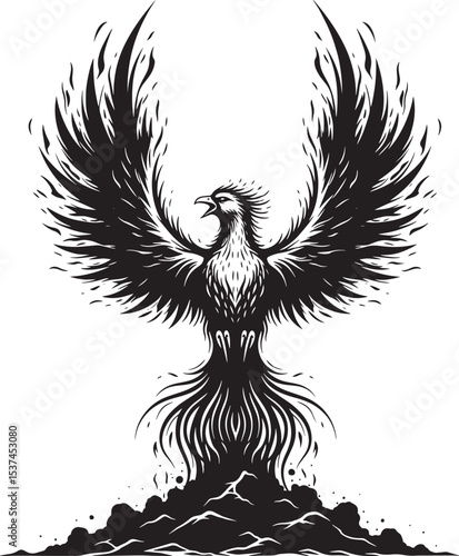 Black Phoenix Rising from Ashes Wings Spread Wide Fiery Tail