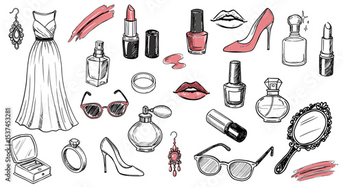 Hand-drawn sketch doodle of feminine beauty and fashion items for women