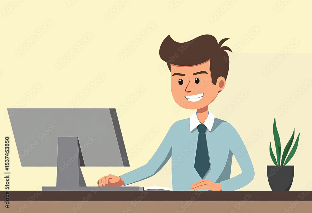 a man seated at a desk, smiling and working on a computer. a man seated at a desk, smiling and working on a computer.