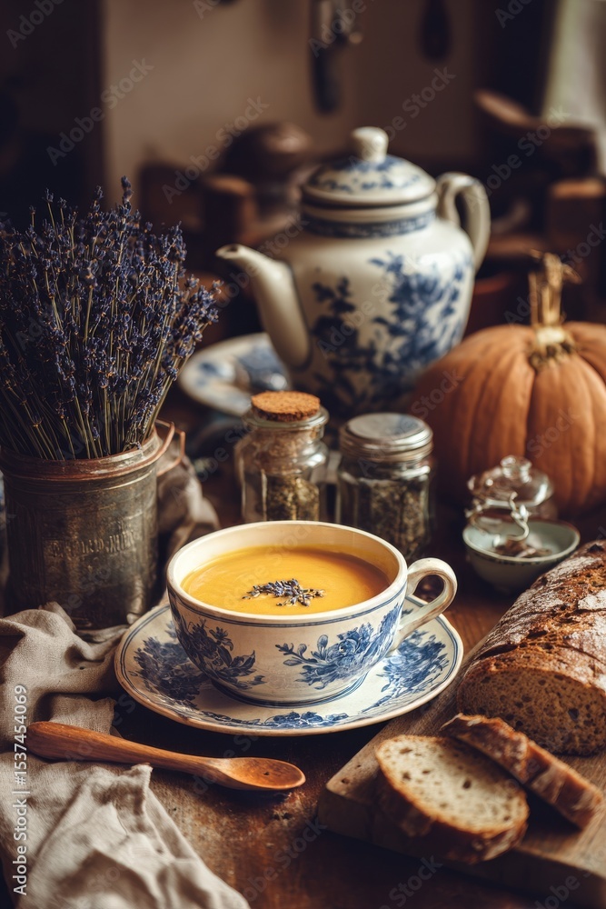 Fototapeta premium Warm Soup Served in Traditional Bowls With Rustic Bread and a Charming Teapot on a Wooden Table.