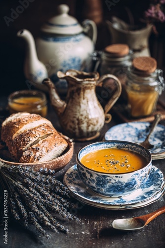 Cozy Autumn Meal Featuring Lavender Soup and Fresh Bread in Rustic Kitchen Se...