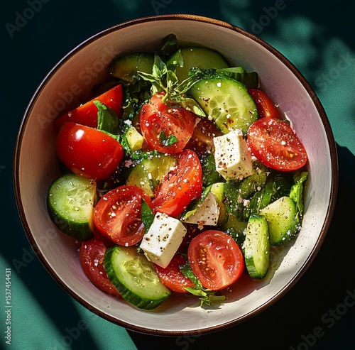 Fresh Summer Salad With Tomatoes, Cucumbers, and Herbs Served in a Bowl on a ...