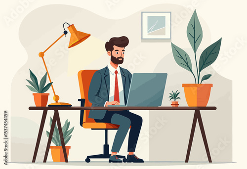 A man in a suit is seated at a desk, working on a laptop with a lamp beside him and potted plants on either side of the desk.