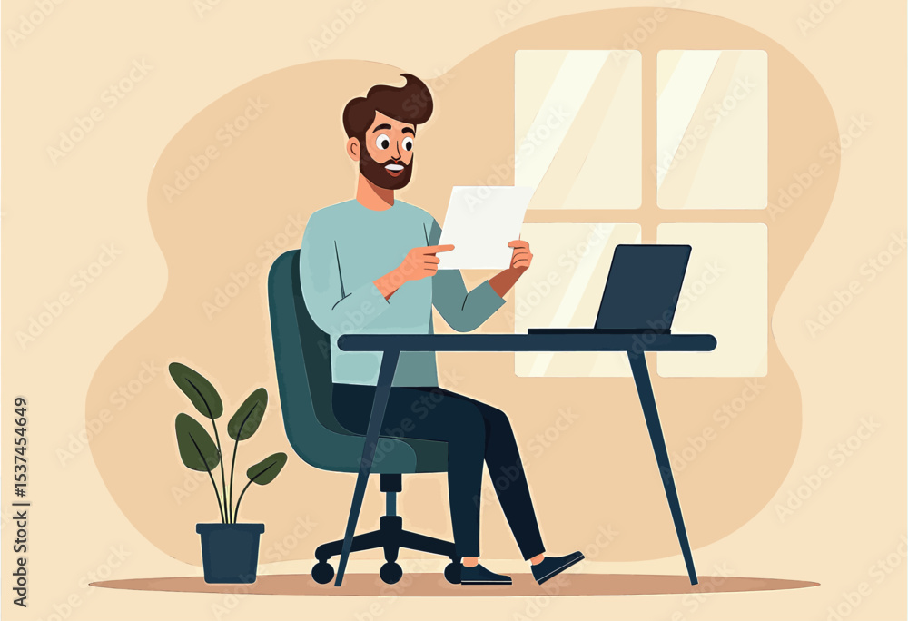 A man with a beard is seated at a desk, looking at a piece of paper, with a laptop open in front of him. A man with a beard is seated at a desk, looking at a piece of paper, with a laptop open in front of him.