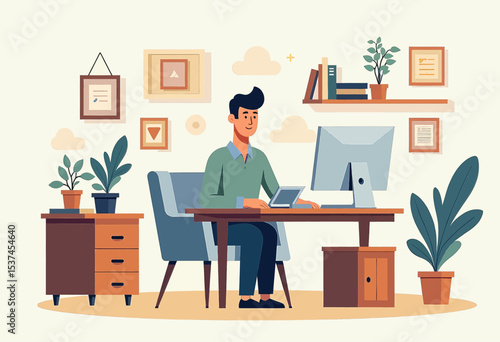 A man is seated at a desk, working on a tablet, surrounded by a variety of plants and framed pictures on the wall.