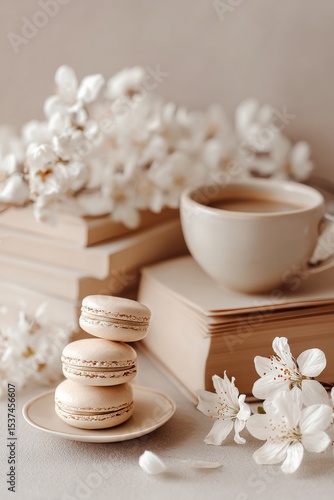 Delightful Macarons With Coffee and Flowers Arranged on Vintage Books in a So...
