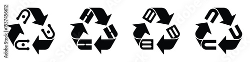 Recycle symbol made of arrows & circuit lines, Eco-Tech Green Startups, Four Recycling Symbols with USB/Electronics Icon