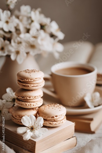 Delightful Macarons With Coffee and Flowers Arranged on Vintage Books in a So...