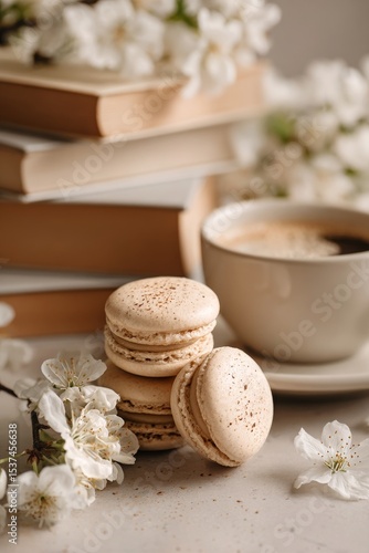 Elegant Setting With Macarons and Coffee Beside Blooming Flowers and Books in...