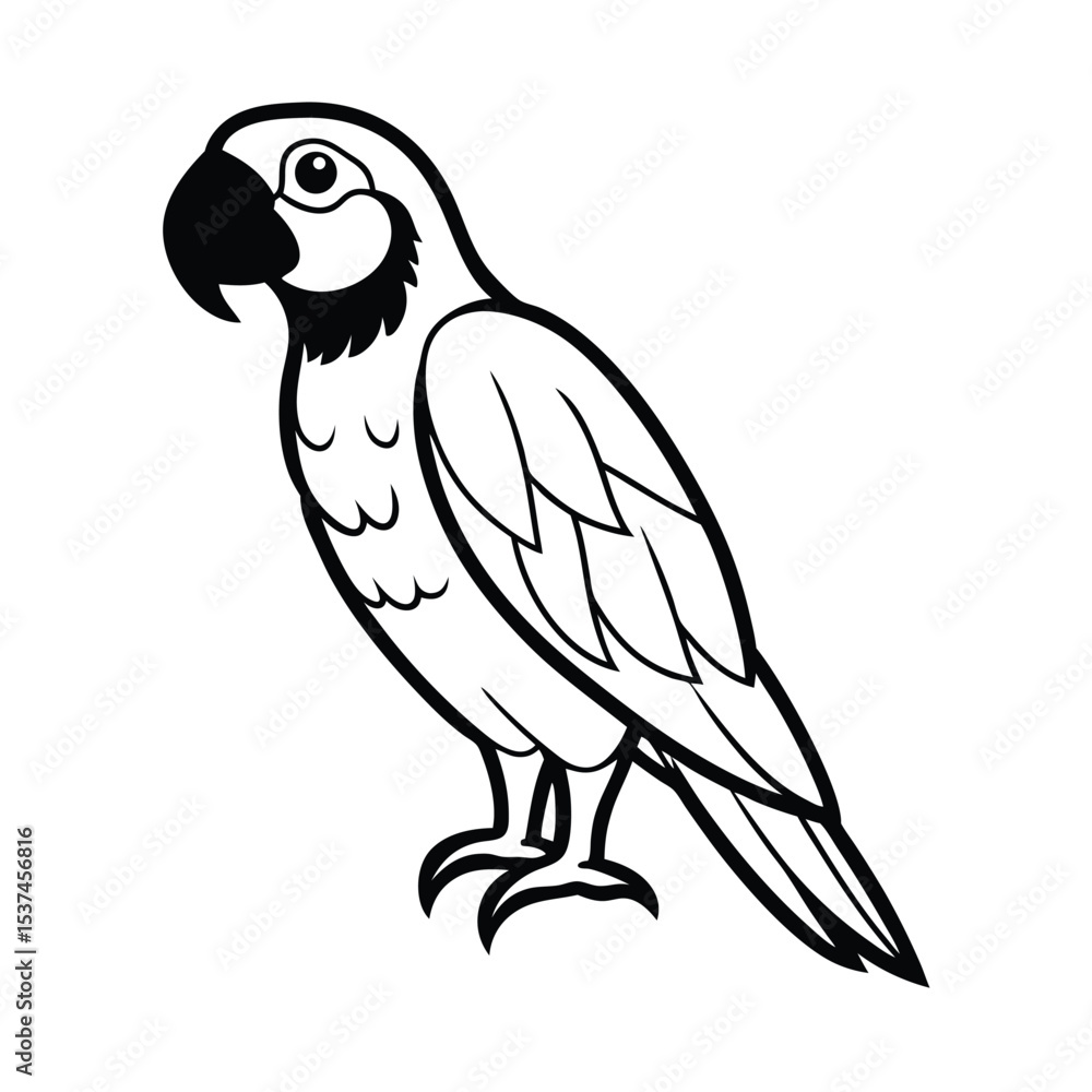 Fototapeta premium Colorful macaw parrot perched calmly on tropical branch on white background Line art