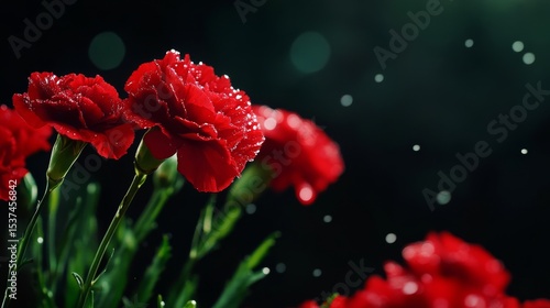 Red Flowers Glistening With Water Droplets in a Garden During a Sunny Afternoon.