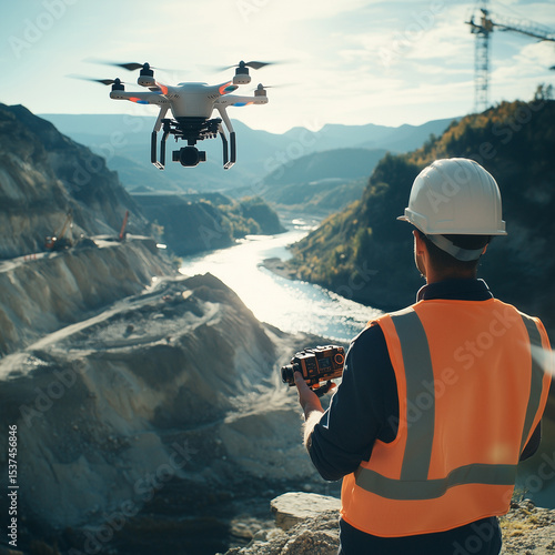 Inżynier w kasku i kamizelce, sterujący dronem nad placem budowy w kanionie z rzeką. Symbolizuje nowoczesne technologie w budownictwie.