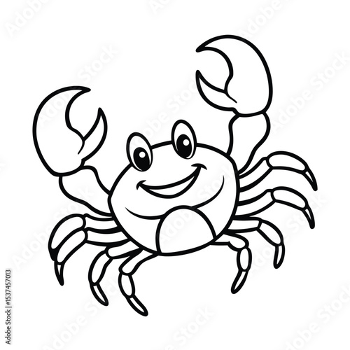 Cute crab waving claws playfully on sandy shore on white background Line art
